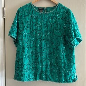 Vintage Green Silk Metallic Beaded Women’s Casino Nights Blouse Sz 20